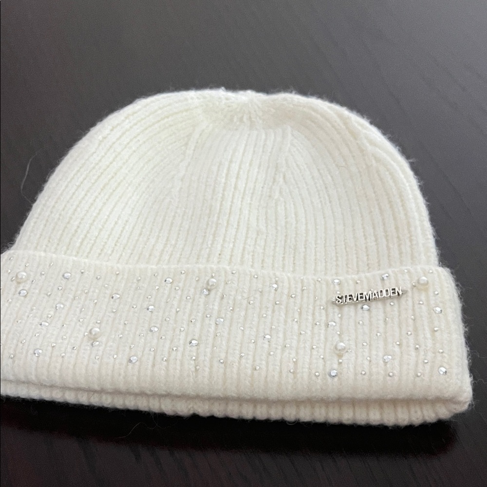 Steve Madden Cream Beanie with Sparkling Accents